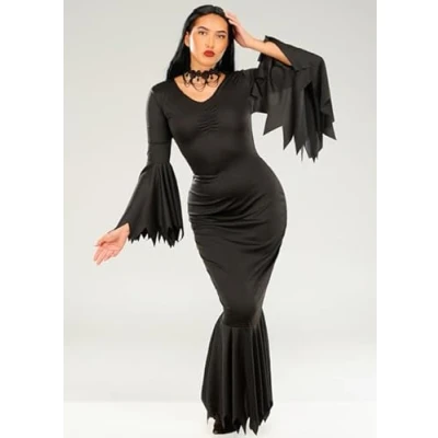 Image of Womens Morticia Style Gothic Halloween Fancy Dress Costume (Large (UK 16 18))
