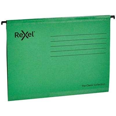 Image of Rexel Classic A4 Reinforced Suspension Files for Filing Cabinets, 15 mm V base, 100 Percent Recycled Card, Green, Pack of 25, 2115586
