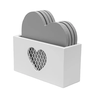 Image of Set of Four Grey Heart Shaped Coasters in White Holder With Chicken Wire Mesh Detail