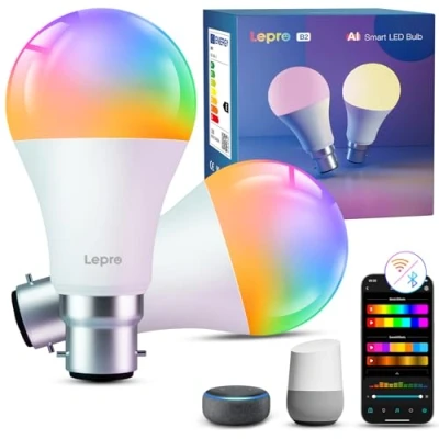 Image of Lepro B2 AI Smart Bulb Bayonet, 10w 1100lm WiFi B22, Music Sync Colour Changing Light Bulbs, Voice Control, Lighting Design Assistant, Works with Alexa &amp; Google RGB Dimmable,2 Packs