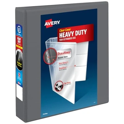 Image of Avery Heavy Duty View 3 Ring Binder, 1.5 Inch One Touch Slant Rings, 375 Sheet Capacity, DuraHinge, 2.1 Wide Spine, Customizable Clear Cover and 1 Dark Gray Binder (79866)