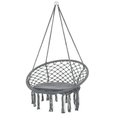 Image of Outsunny Outdoor Cotton Polyester Blend Macrame Hanging Rope Chair with Cushion, Portable Garden Fringe Tassels for Patio, Deck, Tree, Grey