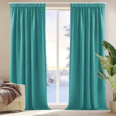 Image of Deconovo Super Soft Solid Thermal Insulated Pencil Pleat Blackout Curtains for Living Room W55xL96 Inch 2 Panels Turquoise