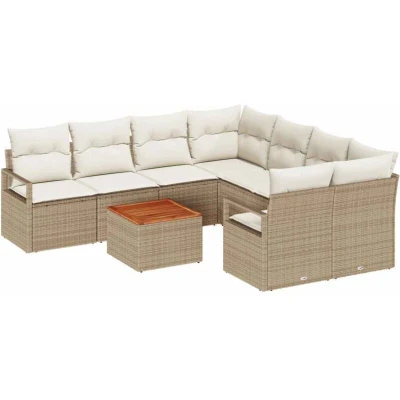 Image of vidaXL 9 Piece Garden Sofa Set with Cushions Beige Poly Rattan Acacia