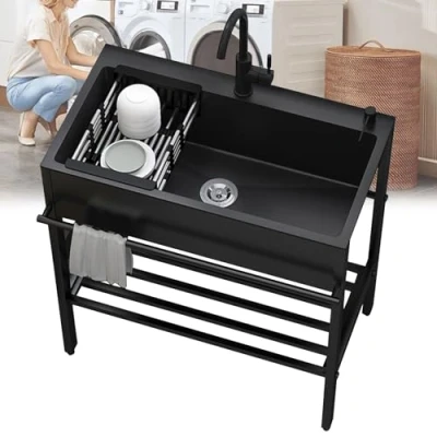 Image of Free Standing Sink with Faucet,Black Stainless Steel Utility Sink,Laundry Room Sinks,Kitchen Sinks Cabinet for Hand Washing,Outdoor Station,for Garage Indoor Kitchenette Basement Commercial (Siz
