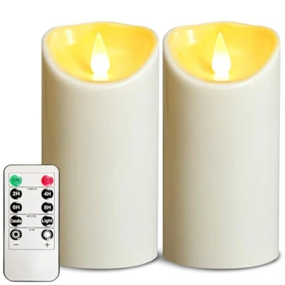 Image of OSHINE Outdoor Plastic Flameless Candles Pack of 2 Ivory Pillar Led Battery Operated Fake with Remote and Timers Electric for Camping Decoration Party (D3 H6)