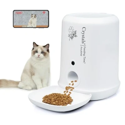 Image of Crystals Automatic Cat Feeder with Camera, 1080 HD Night Vision, 2 Way Audio, 4L Capacity, App Control, Battery Backup, Food Shortage Alert &amp; Motion Detection (White)