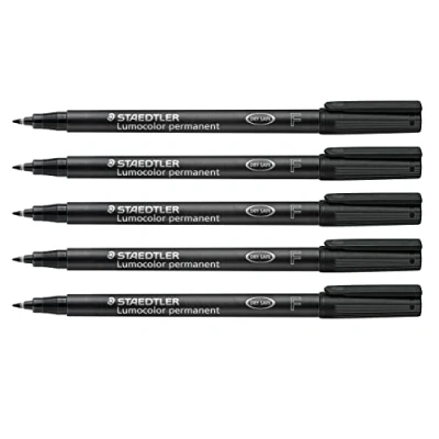 Image of Staedtler Lumocolor 318 9X Permanent Foil Pen Smudge proof and Waterproof on Almost All Surfaces, Line Width F 0.6 mm, Refillable, Long Life, 5 Black Universal Pens