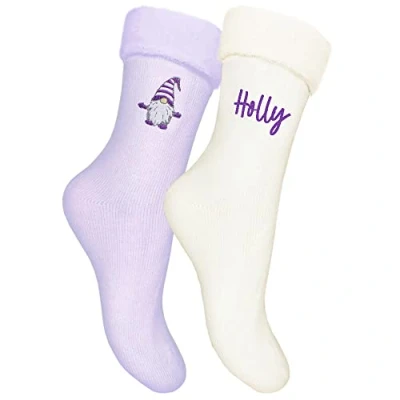 Image of TeddyT&#039;s Ladies Personalised Gonk Gnome Thermal Bed Socks Gift Set (Lavender &amp; Cream)