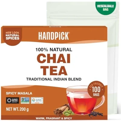 Image of HANDPICK Masala Chai Tea Bags from India (100 Count) Strong Robust &amp; Aromatic Cinnamon Black Pepper Cloves Cardamom Premium Quality Eco conscious Round