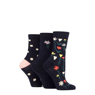 Image of Women&#039;s 3 Pair Caroline Gardner Patterned Cotton Socks Floral Navy UK 4 8