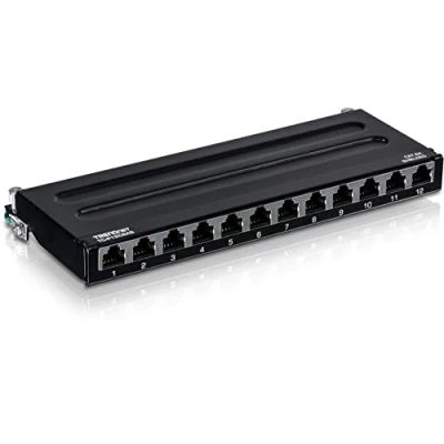 Image of TRENDnet 12 Port Cat6A Shielded Patch Panel, 10G Ready, Cat5e,Cat6,Cat6A Compatible, Metal Housing, Color Coded Labeling for T568A and T568B Wiring, Cable Management, Wall Mountable, Black,TC P12C6AS