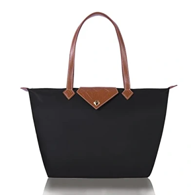 Image of BOJLY Tote Bags for Women Stylish Waterproof Nylon Ladies Shoulder Bag Top Handle Handbag Folding Beach Travel Work,Shopping, School Black Large