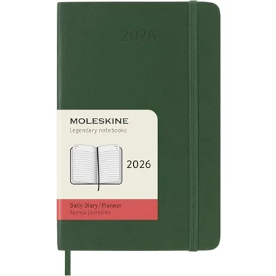 Image of Moleskine Daily Planner, Agenda 2026 12 Months, With Soft Cover and Elastic Closure, Pocket Size 9x14, Green Color