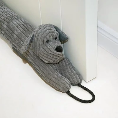 Image of Grey Dog Draught Excluders Door Stopper Herringbone Fabric Material &amp; Filling, Stitched, Velvety Soft Draft Excluder