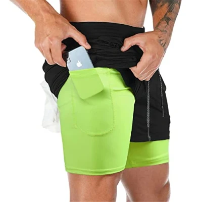 Image of Superora Mens Running Gym 2 in 1 Sports Shorts Breathable Outdoor Workout Training with Pockets Black/Green