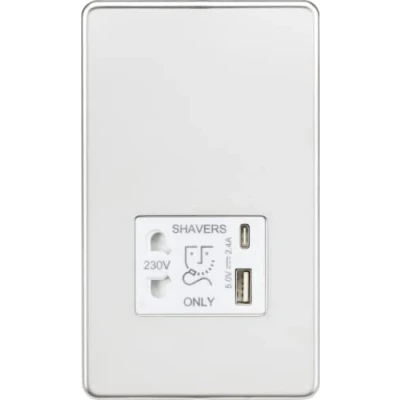 Image of KnightsBridge Shaver socket with dual USB A+C (5V DC 2.4A shared) polished chrome white insert