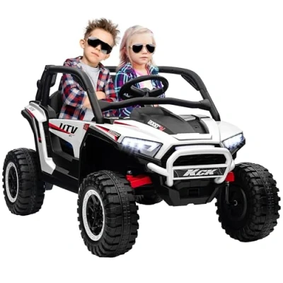 Image of AIYAPLAY 2 Seater Ride On Truck, 24V 7AH Battery Powered Electric Car with Parental Remote Control, Spring Suspension, 3 Speeds, LED Lights, MP3 Horn, Music White