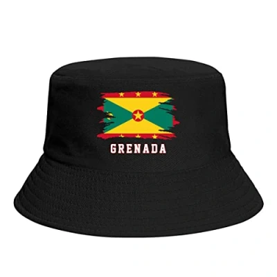 Image of PELNYC Grenada Flag Grenadian FansBucket Hat Fishing Fisherman Hats Casual Packable Travel Summer Beach Cap Black