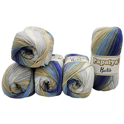 Image of 5 x 100 g Papatya Batik Knitting Yarn Multicoloured with Colour Gradient 500 Colourful Wool (Grey Blue Ochre White 554 18)