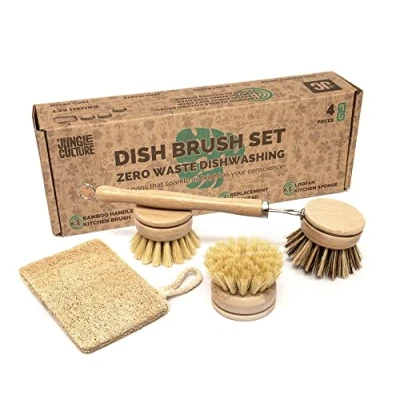 Image of Jungle Culture Premium Washing Up Brushes &amp; Loofah Scourer Eco Dish Brush Set Long Handle Bamboo with 3 Replacement Heads Friendly Dishwashing Wooden Kitchen Pans Plates Dishes