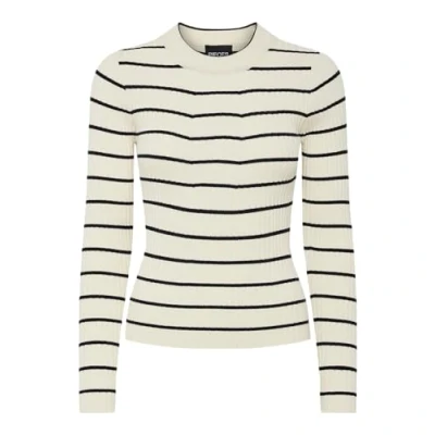 Image of PIECES Women&#039;s Pccrista LS O Neck Knit Noos Bc Jumper, Birch/Stripes: Black Narrow, S