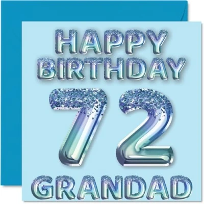 Image of 72nd Birthday Card for Grandad Blue Glitter Party Balloons Happy Cards 72 Year Old from Grandson Granddaughter, 145mm x Bday Greeting Gift