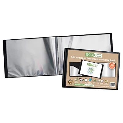 Image of eco A4 50% Recycled 20 Pocket Black Landscape Presentation Display Book, Storage Case Portfolio Art Folder with Plastic Sleeves, eco095