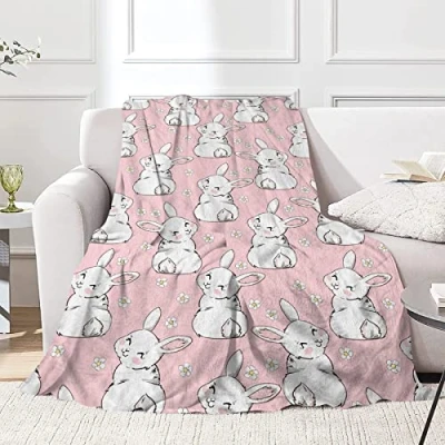 Image of JOOCAR Easter Bunny Throw Blanket Spring White Smile and Flower Pink Cozy&amp;Soft Plush Blankets for Bed Couch Living Room Sofa Chair,60x80 Inch