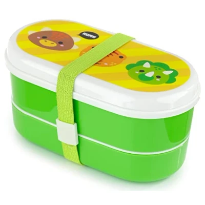 Image of Puckator Adoramals Dinosaur Bento Box Lunch for Adults and Kids with Compartments Fork &amp; Spoon Snack Food Containers Lids Stackable Pots Meal Prep Container