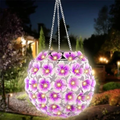 Image of GEEZY Solar Flower Ball Light Hanging Lights Outdoor Garden Lantern Ornaments Powered Waterproof Decorative Lamp for Balcony Lawn Porch Patio Purple and White