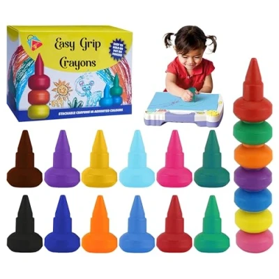 Image of HOVUK 19Pcs Easy Grip Colouring Crayons for Kids Stackable, Non Toxic, Washable Colours Fun Art Supplies Toddlers 12+ Months Drawing, Craft and Easter Xmas Summer Decorations