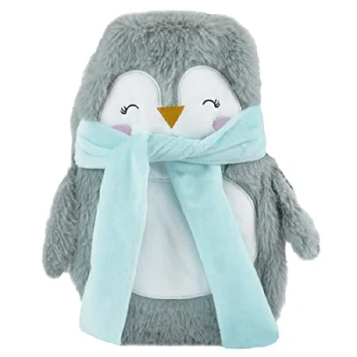 Image of Follow That Dream 750ml Small Hot Water Bottle with Cute Penguin Cover Christmas Gift, Grey