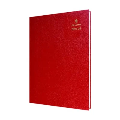 Image of Collins &#039;Desk&#039; 12 Month Mid/Academic Year Planner, August 2025 2026 Day to Page Appointments Diary, A4 Hard Cover, Red
