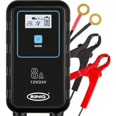 Image of Ring Automotive RSC908 8A Smart Car Battery Charger, 12V &amp; 24V Maintainer 9 Stage Charger for AGM, Leisure, Lithium, HGV, and Van Batteries, BLACK