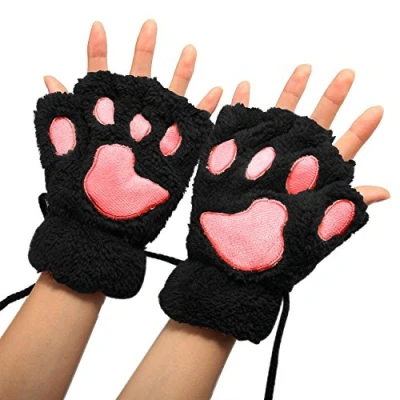 Image of MAKFORT 1 Pair Ladies Girls Womens Cat Paw Gloves Winter Fingerless Mittens Warm Plush Half Finger Black