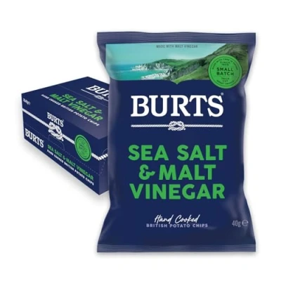 Image of Sea Salt and Malt Vinegar Hand Cooked Burts Crisps 20 x 40 g Multipack Box Vegan Vegetarian Friendly, Hydrogenated Fat Free, Non GMO Potato Chips