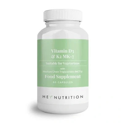Image of Hey Nutrition Vitamin D3 &amp; K2 MK 7 100ug Each with MCT Oil Suitable for Vegetarians Support Healthy Bones, Teeth, Muscles, Immune Function, and Fatigue Non GMO, 60 Vegetarian Capsules