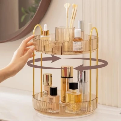 Image of Rotating Makeup Organiser, 2 Tier Gold Make Up Organiser Perfect For, Skincare Bathroom Storage, Cosmetics Perfume (Gold, Tier)