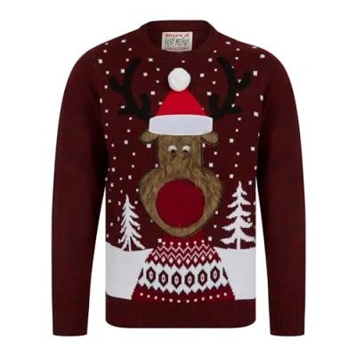 Image of Tokyo Laundry Men&#039;s Deerer Motif Novelty Christmas Jumper in Red/Charcoal Twist Merry L