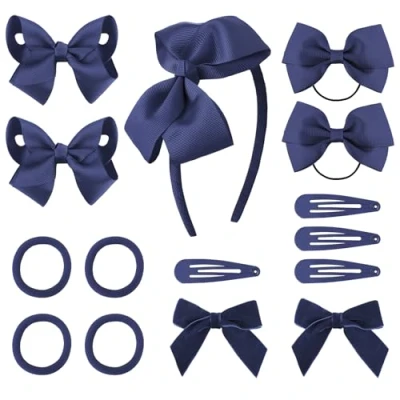 Image of DRESHOW Girls School Hair Accessories Kit Navy Blue Bow Clips Headband Ribbon Barrettes Ponytail Holder for Little Girl Toddlers Teens Birthday Present
