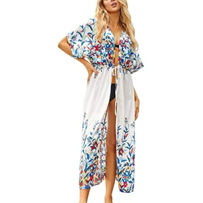 Image of YouKD Summer Cotton Embroidered Floral Loose Cardigan Boho Beach Bikini Cover Up Dress Plus Size Robe for Women