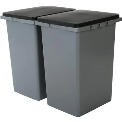 Image of Iris Ohyama, Rectangular plastic waste garbage can with &quot;Push&quot; closing system and stickers for selective sorting, Set of 2, 45 L, Kitchen, Office, Garage Recycling Bin RP 4 Grey
