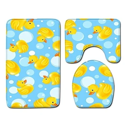 Image of Shinewe 3 Pieces Bathroom Rug Set Pedestal Mat Non Slip Bath Toilet Lid Cover (Yellow Duck)