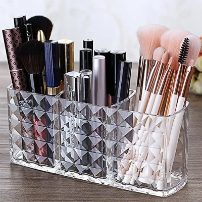 Image of Ubitree Makeup Organiser, 3 Slots Clear Acrylic Brush Holder Cosmetic Organiser for Eyeliners Lipstick Crystal Storage Box Bathroom Bedroom Dress Table Vanities Office Desk