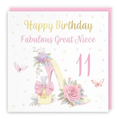 Image of Hunts England 11th Great Niece High Heel And Perfume Birthday Card Luxury Gold Foil Milo&#039;s Gallery Age 11 Butterflies, Flowers, Hearts Pretty For