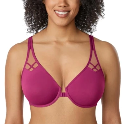 Image of Delimira Women&#039;s Front Fastening Bras Underwire Non Padded Plunge Racer Back Comfort Plus Size Bra Magenta Purple 36D