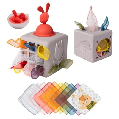 Image of Taf Toys Baby Silicone Pop up Tissue Box Toy for Infants &amp; Toddlers. Sensory Box. Tummy Time Montessori Babies. with 10 Fabric Tissues. Suitable Boys Girls 12 months +