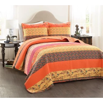 Image of Lush Decor 3 Piece Quilted Striped Reversible Duvet Cover Set, Cotton, Mandarin, King