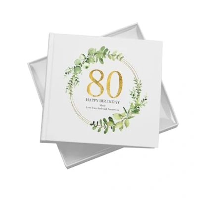 Image of Personalised 80th Birthday Gift for her Photo Album Gold Wreath Design